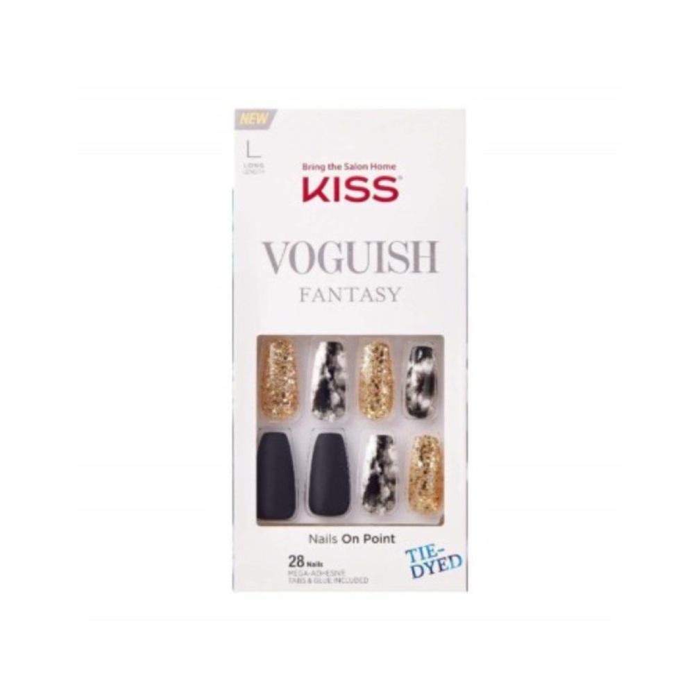 KISS Voguish Fantasy Press-On Nails - Black, Gold & White Tie-Dye Mix